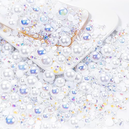 60g White Flat Back Pearls Rhinestones for Crafts Mixed Size 3mm-10mm AB Color Round Half Pearls Flatback Pearl Beads and Resin Rhinestones Set for Face Art with Glue