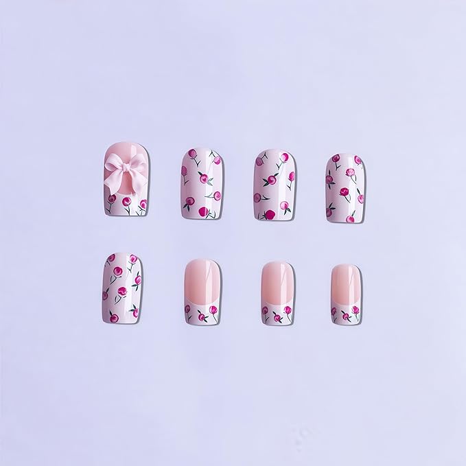 French Flowers Press on Nails Medium Square Fake Nails with Bow Rhinestones Design False Nails Glossy Spring and Summer Flowers Glue on Nails Artificial acrylic for Women Nails Decoration 24Pcs
