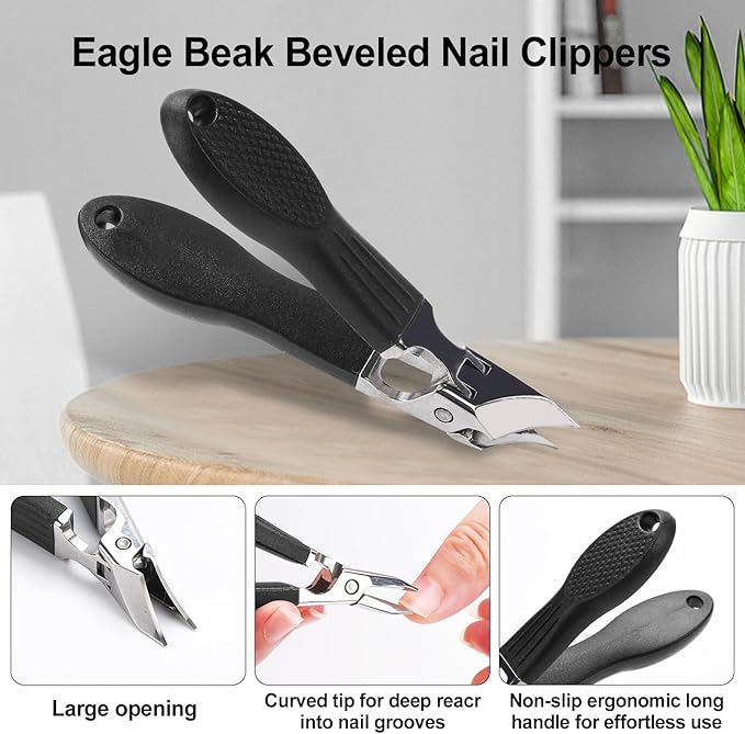 Eagle Beak Nail Clippers for Ingrown & Thick Nails – Beveled/Slanted/Angled Blades, Long Handle Wide Jaw, Anti-Splash Ultra Sharp Stainless Steel Edge 3-Piece Set for Men/Women (Black)