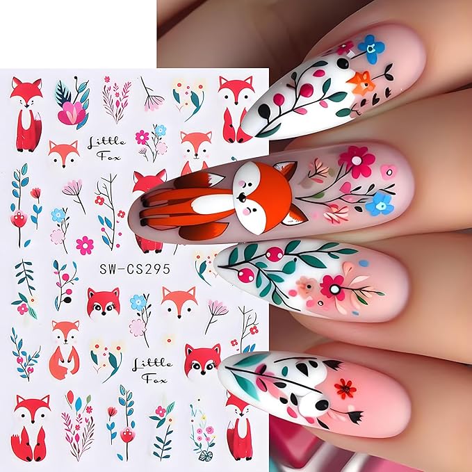 Fall Nail Art Stickers, Cute Fox Nail Art Decals 3D Self-Adhesive Leaves Pumpkin Nails Stickers Fall Flowers Nail Design 3Pcs Nail Art Supplies for Women Fall Nail Decoration