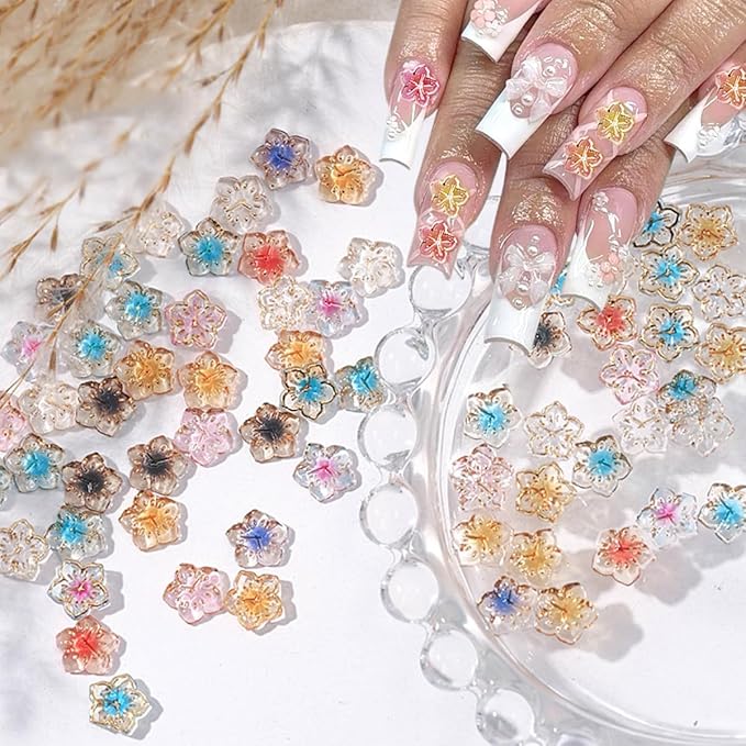 56Pcs Colorful Flower Nail Charms Clear Colour Crystal Nail Charms for Nails 3D Acrylic Gems Nail Supplies Luxury Gold Edge Nail Rhinestones Design Cute Glitter Nail Art Charms for Women Girls DIY