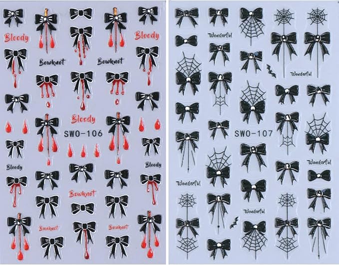 2Sheets Halloween Nail Art Stickers 3D Embossed Black Bow Spider Web Nail Decals with Rhinestones Design Nail Sticker Self Adhesive Bows Blood Drop Textured Nail Decal for Women DIY Nails Decor Supply