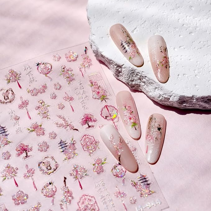 5D Embossed Flower Nail Art Stickers Self Adhesive Sakura Nails Decals Pink Flower Nail Stickers Spring Cherry Blossoms Nails Design Sticker Laser Peach Blossom Floral Manicure Supplies for Women 1Pcs