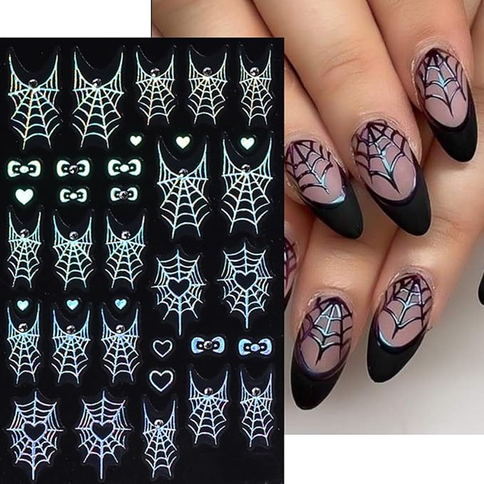 5 Sheets Halloween Gold Nails Stickers Spider Wed Nails Art Stickers 3D Self-Adhesive Supplies Nail Decal with Rhinestones Bow Heart Design Nails Sticker for Nail Art Women's DIY Decoration