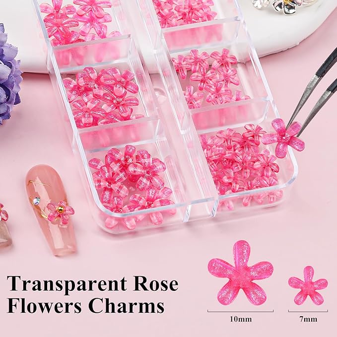 4 Boxes 3D Flower Nail Charms and Gems - Rose Nail Flower Charms Crystal AB Clear Gemstones Silver/Gold Caviar Beads White/AB Pearls for Women DIY Manicure Crafts (19-S4-Rose)