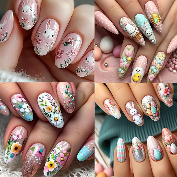 2 Sheets Easter Nail Art Stickers Cute Bunny Nail Decals 5D Relief Rabbits Flowers Eggs Self-Adhesive Nail Design Stickers Acrylic Nail Accessories Supplies for Women Girls Manicure