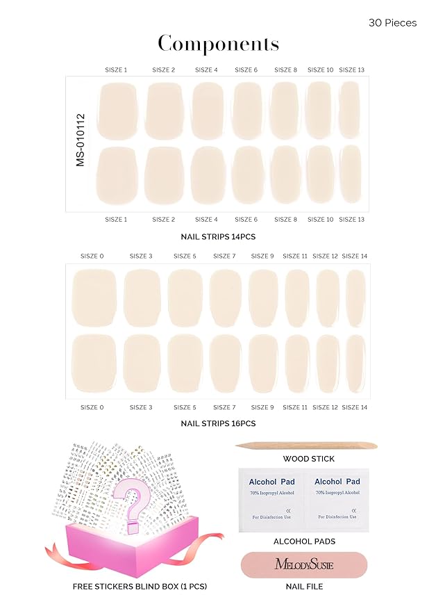 MelodySusie 30PCS Semi Cured Gel Nail Strips, Beige, Salon Quality, Long Lasting, Easy Apply & Remove, Includes 2 Prep Pads, Nail File & Wooden Stick