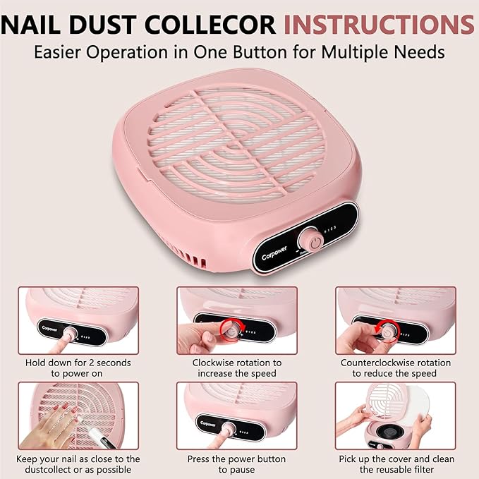 Nail Dust Collector, Professional Brushless Turbo Dust Collector Nail Tech with Reusable Filter,Powerful Nail Vacuum Fan Dust Extractor Manicure Tool for Nail Polishing,Salon & Home (Pink)