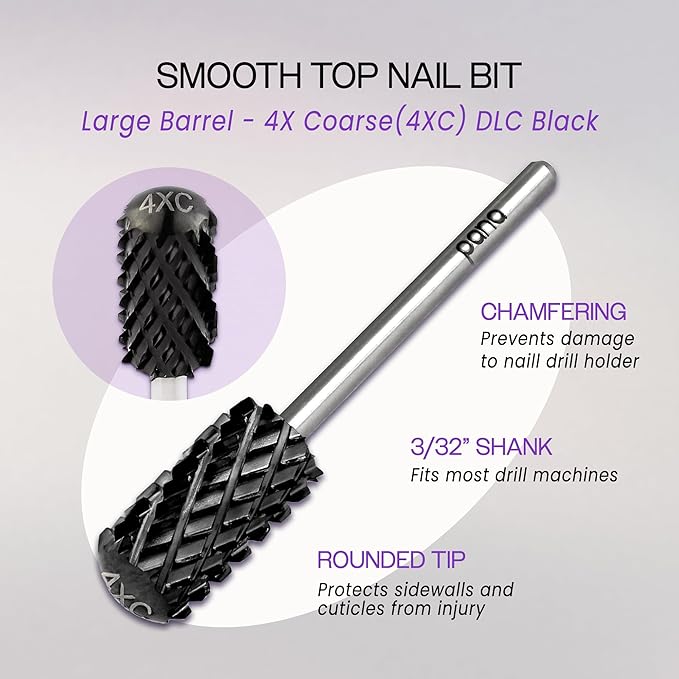 PANA Smooth Top Large Barrel 3/32" Shank Size - (DLC Black, 4X Coarse Grit) - Fast remove Acrylic or Hard Gel Nail Drill Bit for Manicure Pedicure Salon Professional or Beginner