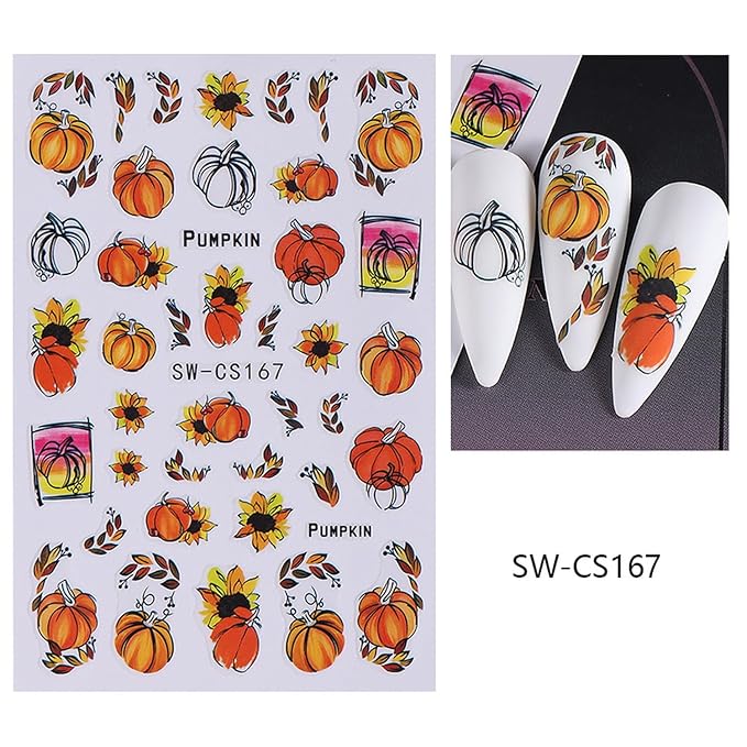 6 Sheets Fall Nail Art Stickers 3D Self-Adhesive Maple Leaf Nail Stickers with Ear of Wheat & Chestnut Designs DIY Pumpkin Nail Decal Supplies for Women Nail Art Manicure Decoration Accessories