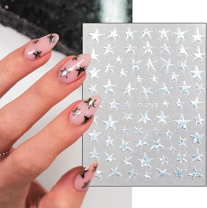 6Pcs Star Nail Stickers 3D Self Adhesive Glitter Stars Nail Decals Shiny Gold Silver Black White Pink Blue Stars Nail Design Sticker Holographic Cute Nail Art Stickers for Women DIY Manicure Supplies