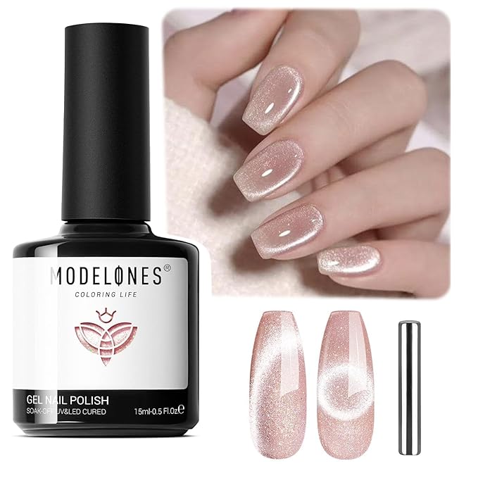 modelones Cat Eye Gel Nail Polish Shimmer Glitter Nude Pink Nail Polish with Magnet Holographic Reflective Soak Off LED Nail Art Top Coat Manicure Salon DIY Gifts 15ML