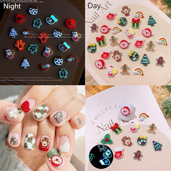 100Pcs Christmas Nail Charms Glow in The Dark 3D Xmas Nail Rhinestone Supply Christmas Tree Socks Santa Claus Gift Elk Nail Art Charms for Women DIY Manicure Winter Holiday Nails Decoration Supply