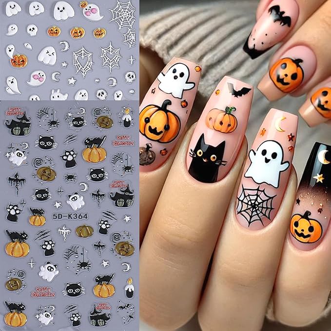 2Sheets Halloween Nail Art Stickers 5D Embossed Black Cat Spider Nail Decals for Acrylic Nails Self-Adhesive Cute Ghost Pumpkin Designs Nail Sticker Spider Web Skull Nail Decal for Women Nails Decor