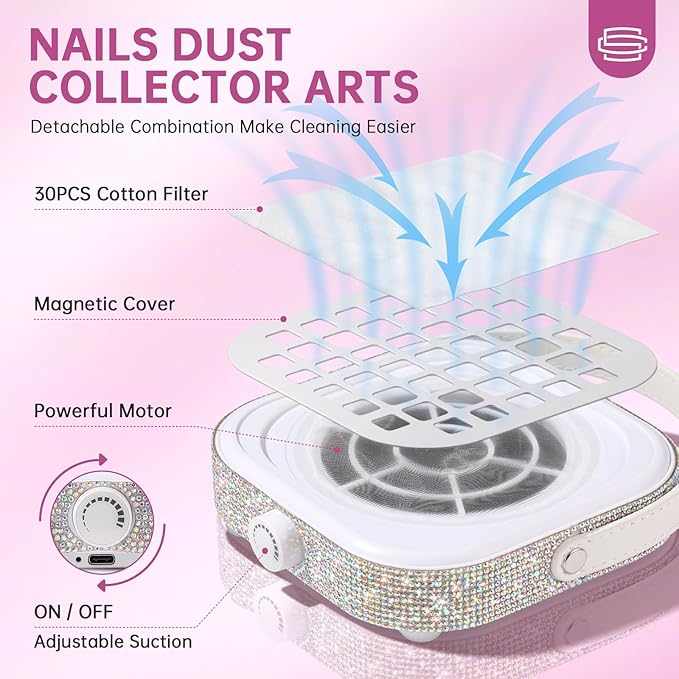 Nail Dust Collector, Mini Bling Crystal Diamond Compact 6000RPM Powerful Vacuum Fan Vent Dust Collector Extractor Dust Suction Machine for Acrylic Nails Polishing, Fast Charging
