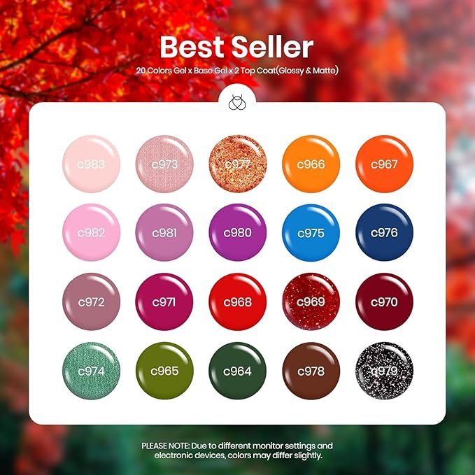 Beetles Fall Gel Nail Polish Set - Fall Yard Gel Polish Kit, 20 Color Orange Burgundy Red Navy Blue Glitter, Soak Off LED UV with Base Top Coat Nail Art Manicure Gift for Women