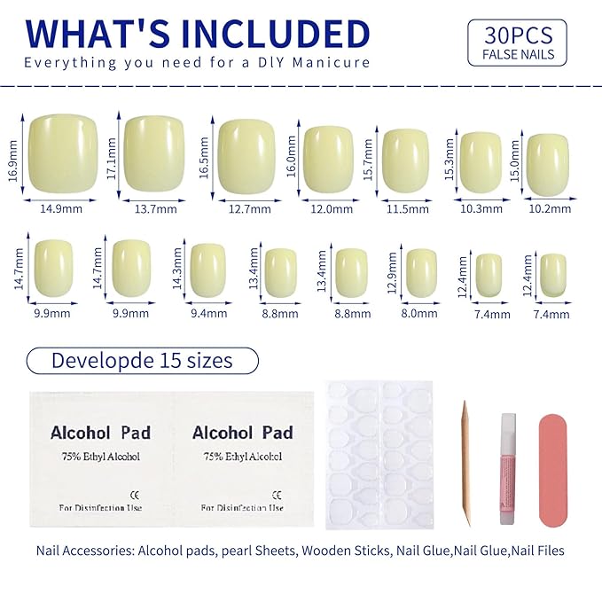 Cream Yellow Press On Nails Short, Glossy Soft Gel Press On Nails Square with Nail Glue, 15 Sizes - 30 Fake Nails Kit, Thick Natural Reusable Glue On Nails for Women, Butter Bliss