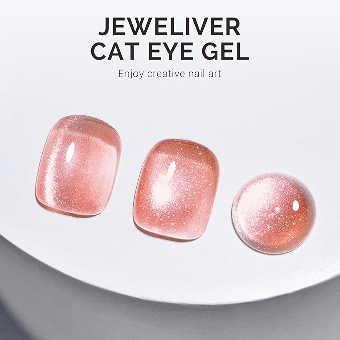MelodySusie Jeweliver Cat Eye Gel Nail Polish, 0.5 Fl Oz Coral Pink Glitter Holographic Magnetic Nail Polish with Magnet, UV Nail Polish for Nail Art Manicure Salon DIY at Home C45