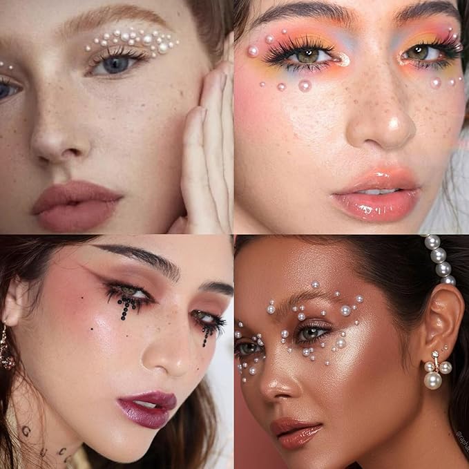 Nail Art Pearls with Rhinestones Glue Gel Flatback Pearls Nail Charms Luxurious Nails Supplies Accessories Gold Silver Gems Jewelry Colorful Pearl for Women Nails Design(4 Colors)