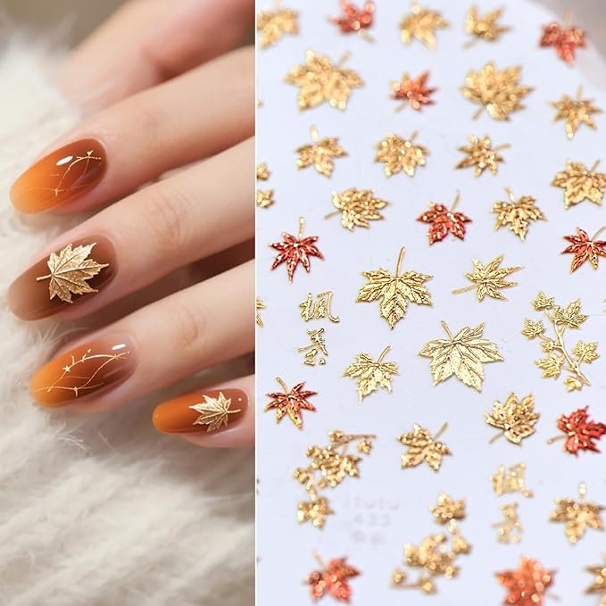 1 Sheets Embossed Fall Nail Stickers for Nail Art 5D Self-Adhesive Gold Maple Leaf Nail Decals Autumn Maple Leaves Nail Art Stickers Thanksgiving Nail Design Sticker for Women Nail Decoration