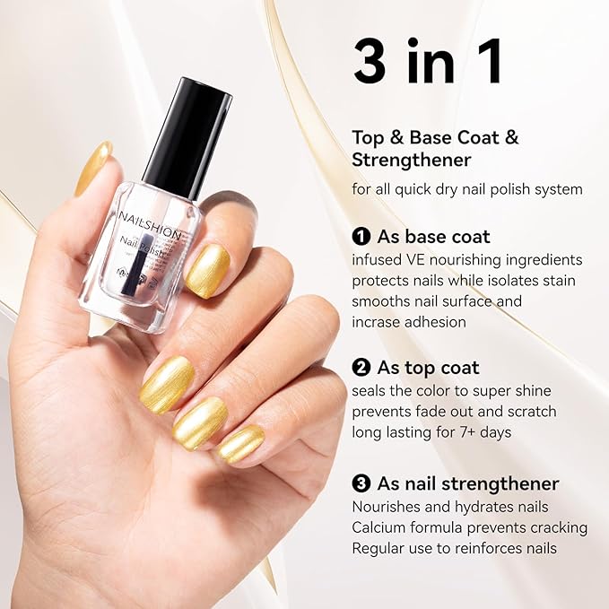 Metallic Gold Nail Polish with Base Top Coat 3 IN 1 Nail Strengthener, Quick Dry Clear & Liquid Golden Nail Polish Duo, Opaque, Non-Gel, Professional Nails Art Kit Home Manicure DIY Gift