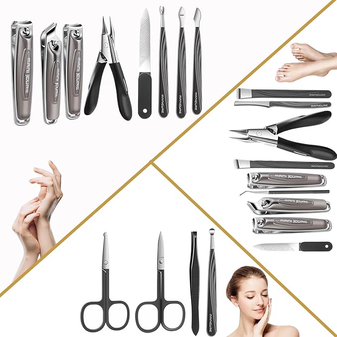 Manicure Set Professional Nail Clippers Pedicure Kit, 16 pcs Stainless Steel Nail Care Tools Grooming Kit with Storage Bag for Men Women Gift