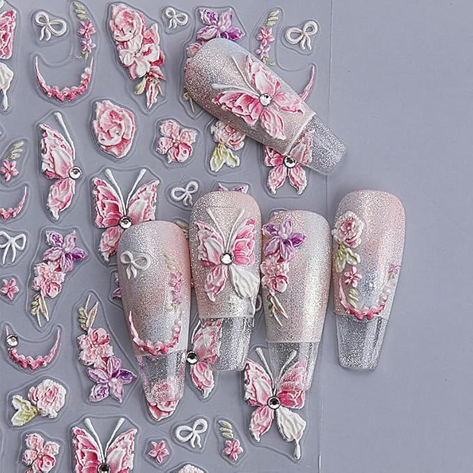 1 Sheets Butterfly Crystal Diamond Nail Art Stickers Embossed Butterfly Nail Decals French Flower Bow Design Self-Adhesive Pegatinas Uñas Nail Stickers Nail Decals for Women Spring Nails Decoration
