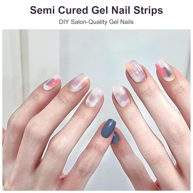 Semi Cured Gel Nail Strips,28 PCS Gel Nail Stickers Wraps(Street Color),UV Light/Led Lamp Required,Long Lasting UV Stickers Easy to Apply