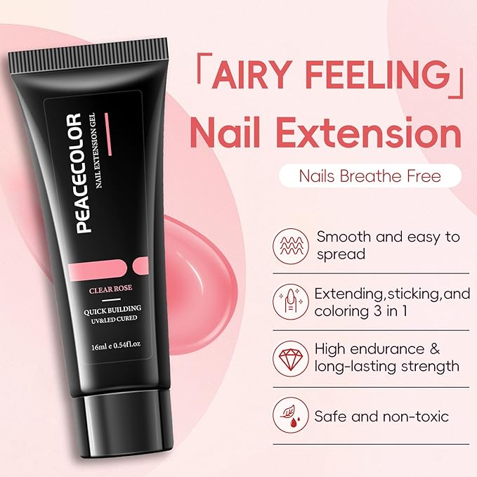 PEACECOLOR Poly Nail Gel Kit with U V Light, 3 Colors Clear Pink Nude 16ML Poly Extension Gel Nail Kit with Slip Solution for Beginners Manicure Tools DIY Home Salon Art Design