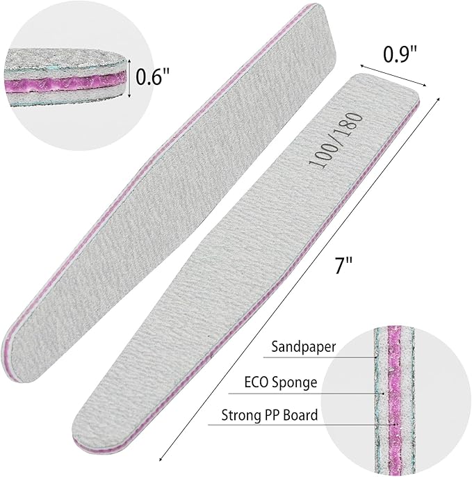 BTYMS 100 Count 100/180 Grit Nail Files for Acrylic Nails, Double Sided Emery Boards Reusable Nail Buffing Files