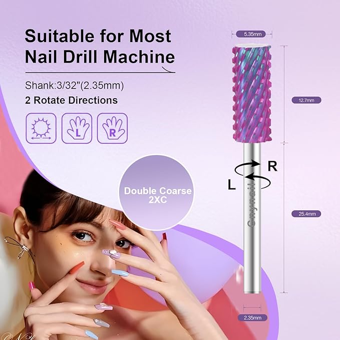 3/32" Small 5.35MM Barrel Bit Tungsten Carbide Nail Drill Bit Safety Bit for Gel & Acrylic Removal, 2- Way Rotating Efile Tip, Salon Electric File Accessory (XXC Girt, Purple)