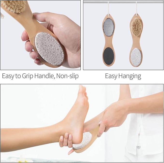 Pumice Stone Brush for Feet 4 in 1, Wooden Foot File Callus Remover, Foot Rasp and Sand Paper Pedicure Tools with Handle, Shower Foot Scrubber, Soft Smooth Feet for Home Foot Care