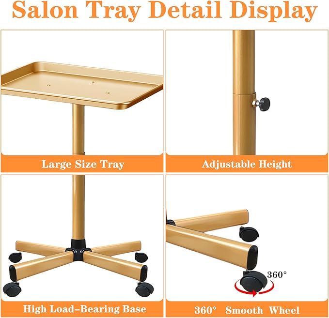 Salon Tray, Gold Salon Rolling Tray, Height-Adjustable, Also Use as Tattoo Tray and Dental Tray（Golden）