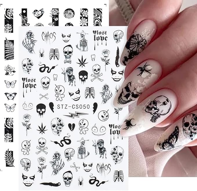 8 Sheets Halloween Nail Art Stickers 3D Punk Goth Nail Decals Evil Skull Rose Snake Nail Designs Sticker Self-Adhesive Halloween Nail Art Supplies Horror Zombie Nail Decorations for Women Manicure