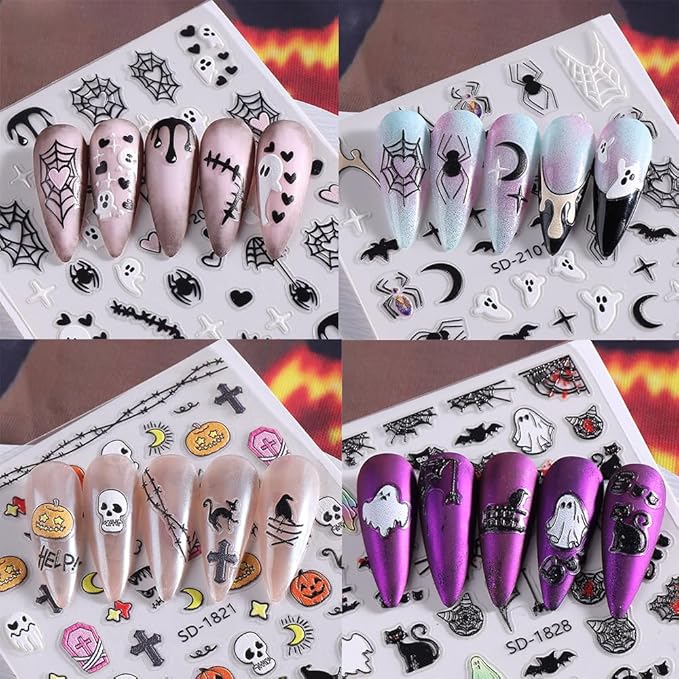 6 Sheets Halloween Nail Stickers for Nail Art, 5D Embossed Self-Adhesive Ghost Pumpkin Spider Web Nail Decals, Castle Nail Supplies Nail Art Design Accessories for Women Girls Manicure DIY Decoration