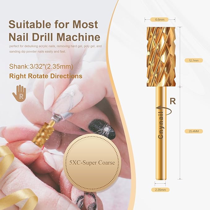 3/32" Large Barrel Flat Top Tungsten Carbide Nail Drill Bit Safety Bit for Gel & Acrylic Removal, Right-Way Rotating Efile Tip, Salon Electric File Accessory (5XC Grit, Gold)