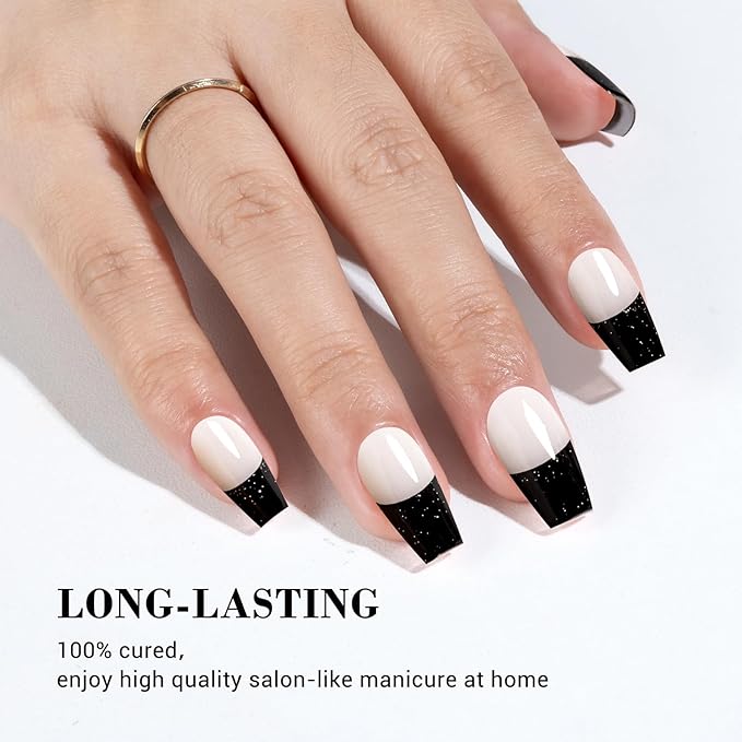 MelodySusie 30PCS Semi Cured Gel Nail Strips (Glitter Black French Tips), Salon Quality, Long Lasting, Easy to Apply and Remove, Includes 2 Prep Pads, Nail File and Wooden Stick