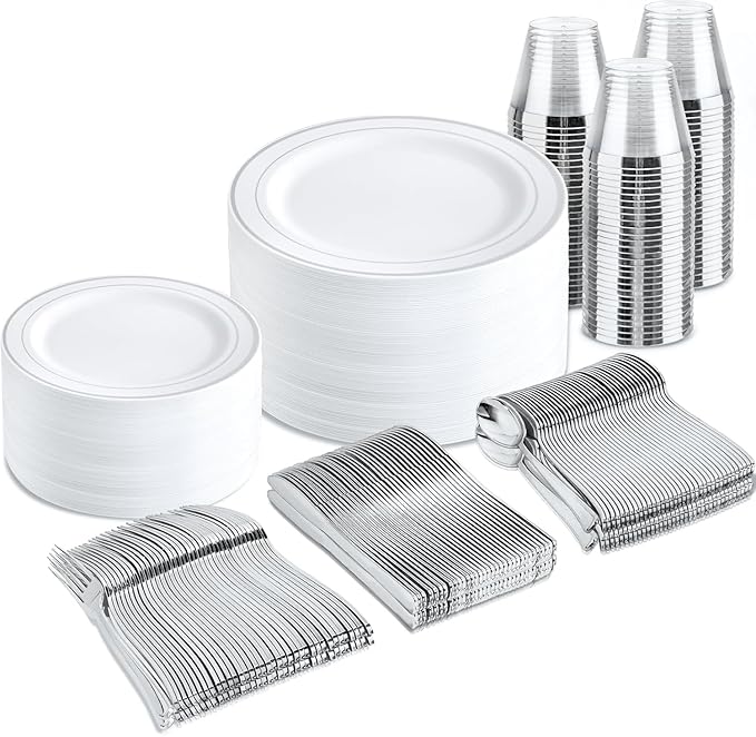 bUCLA 300PCS Silver Disposable Plastic Dinnerware Set by BUCLA