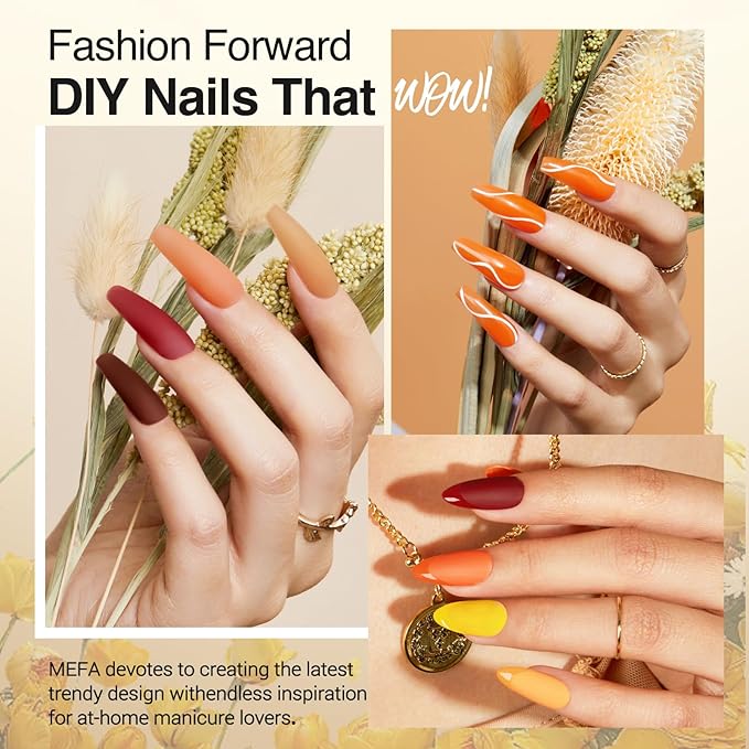 MEFA 6 Colors Fall Gel Nail Polish Set, Shades Orange Red Brown Glitter Yellow Soak Off Gel Polish Spring Summer Tones Nail Art Design Salon Home Manicure Kit Gifts