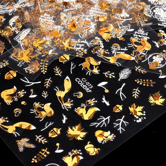 Maple Leaf Nail Art Stickers Decals Fall Nail Stickers 6PCS Golden Autumn Leaves Pine Nut Squirrel Autumn Nails Design Thanksgiving Day Nail Art Supplies Fall Stickers for Nails Manicure Decor