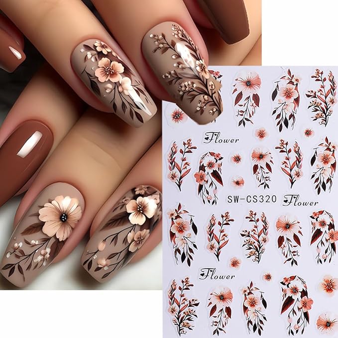 Fall Flower Nail Art Stickers Decals 3D Self-Adhesive Flower Nail Decals Nail Art Supplies 6PCS Brown Flowers Leaf Fall Winter Nails Design Manicure Sliders Accessories for Women DIY Nail Decorations