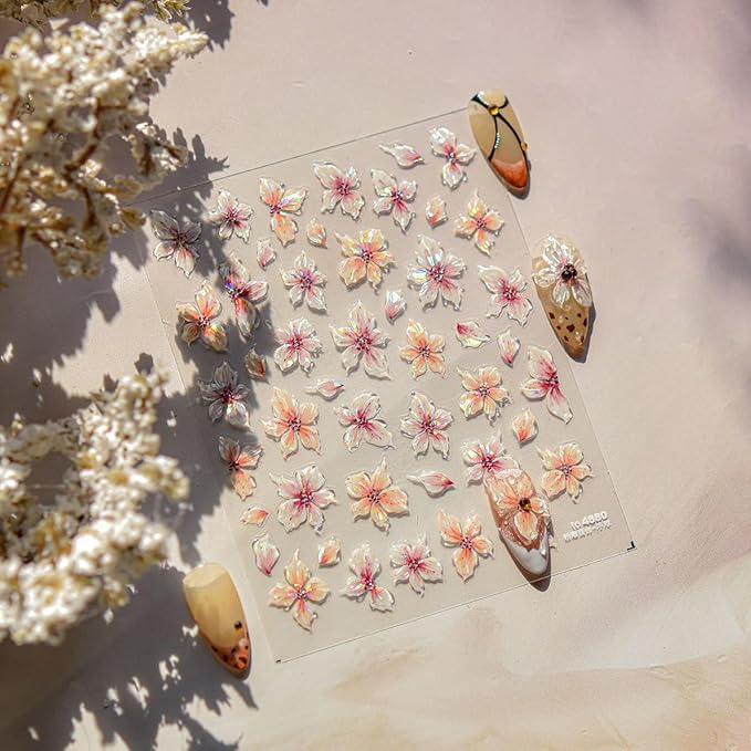 Flower Nail Stickers for Acrylic Self Adhesive 5D Embossed Flowers Nail Art Stickers Aurora Shell Pink Floral Sticker Flower Nails Decals Spring Summer Nail Supplies for Women Nail Decorations