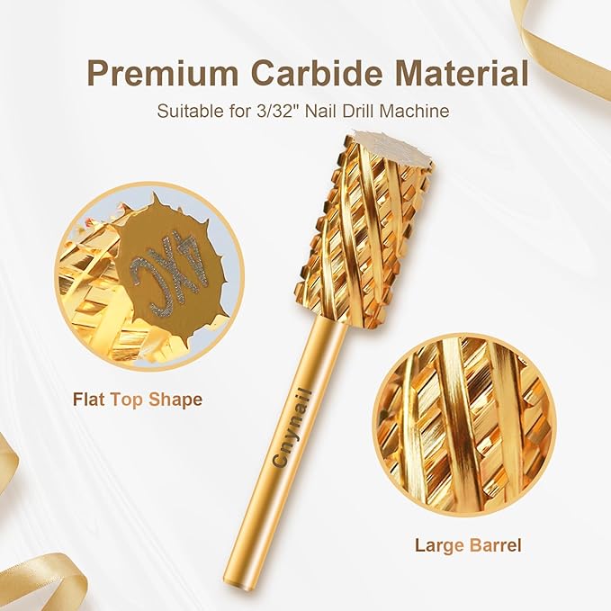 3/32" Large Barrel Flat Top Tungsten Carbide Nail Drill Bit Safety Bit for Gel & Acrylic Removal, 2-Way Rotating Efile Tip, Salon Electric File Accessory (4XC Grit, Gold)