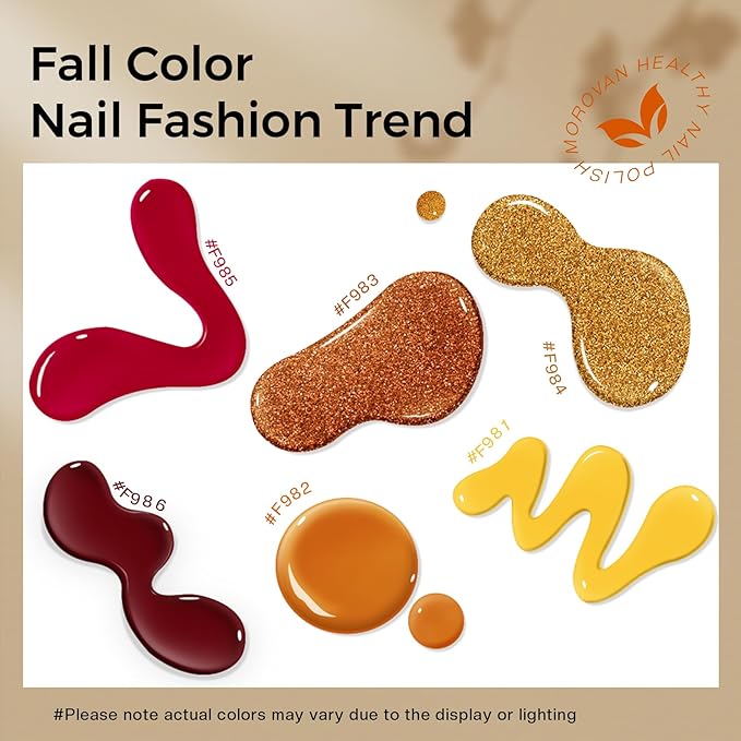 Morovan Fall Nail Polish Set: 6 Gold Maple Leaf Nail Polish Kit 2025 Glitter Autumn Fingernail Pumpkin Yellow Burnt Orange Art Quick Dry Nail Regular Mini Bulk Manicurist Women Girls Gift