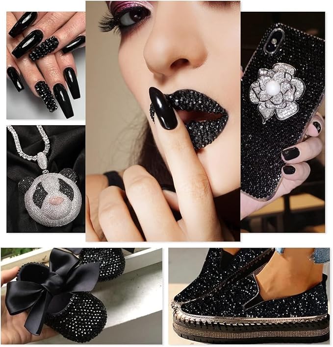 2550pcs Jet Black Nail Art Flatback Rhinestones for Face Makeup Pure Black Nail Gems Gemstones K9 Glass SS4~SS20 6 Sizes Dark Black Diamonds Stones w Tweezer & Picking Pen for Nails DIY Crafts