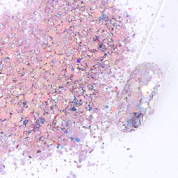Holographic Nail Art Sequins Glitter Kits 8 Boxes 3D Nails Glitter Metallic Shining Flakes Acrylic Powder Dust Sequins for Nails Decoration Holographic Manicure Tips (Pink)