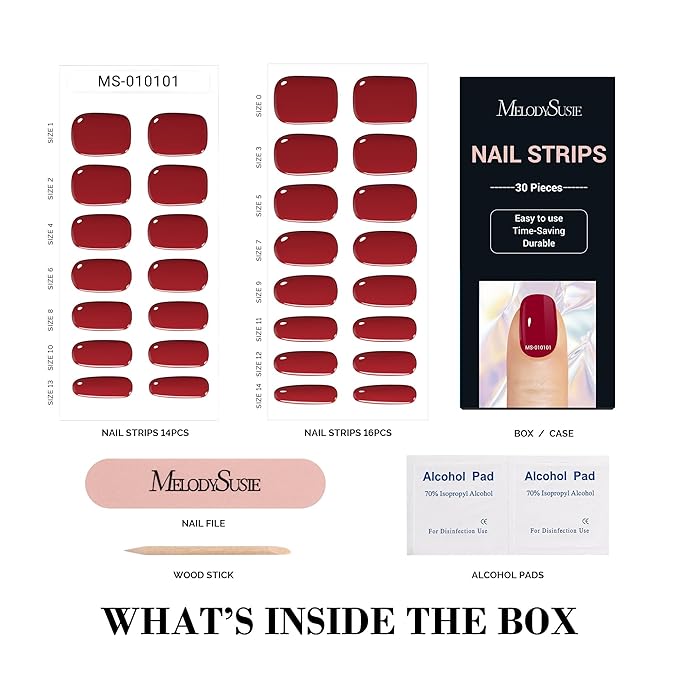 MelodySusie 30PCS Semi Cured Gel Nail Strips, Red, Gel Nail Stickers Work with Any Nail Lamps, Salon Quality, Long Lasting, Easy to Apply and Remove, Includes 2 Prep Pads, Nail File and Wooden Stick