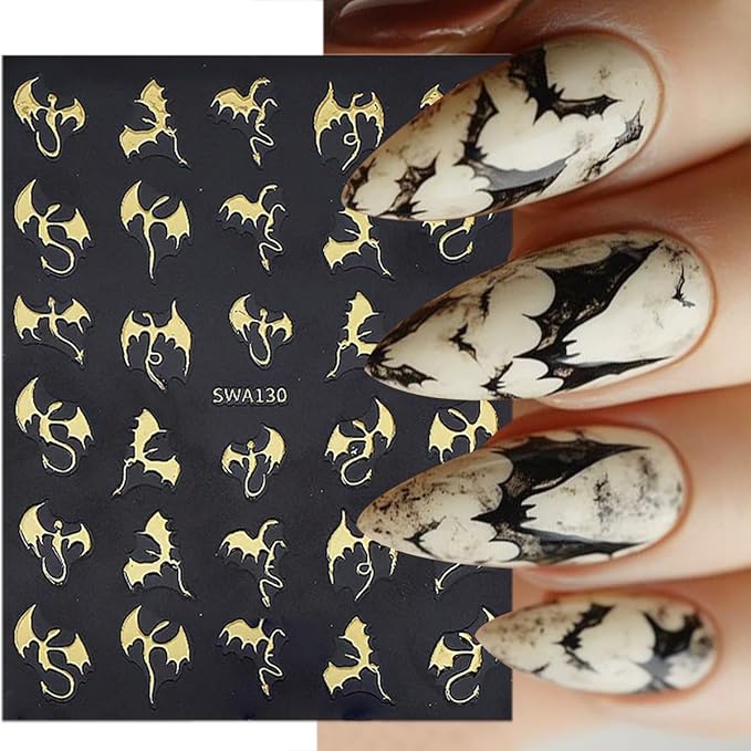 6 Sheets Halloween Nail Stickers 3D Self-Adhesive Dragon Nail Art Stickers Glitter Laser Gold Bat Design Horror Gothic Nail Decals Nail Art Supplies for Women Acrylic Manicure Decorations