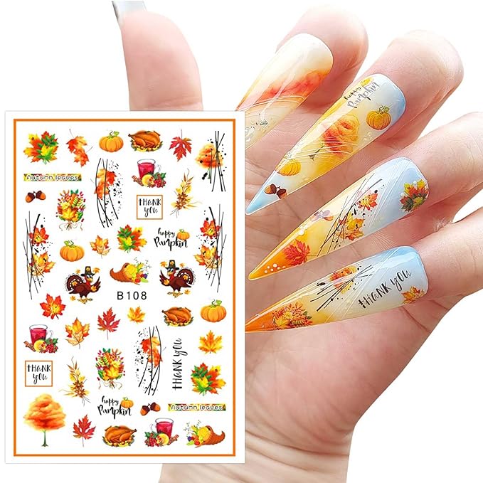12 Sheets Fall Thanksgiving Maple Leaf Nail Art Stickers Decals Self Adhesive Pegatinas Uñas Autumn Pumpkin Leaves Design Manicure Tips Nail Decoration for Women Girls