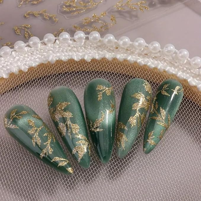 Golden Glitter Leaf Nail Art Stickers Fall Leaf Nail Decals 4PCS Shiny Shimmer 3D Self-Adhesive Fallen Leaves Nail Stickers Nail Art Supplies Fall Sticker for Nails DIY Manicure Decorations Supplies